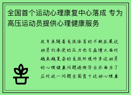 全国首个运动心理康复中心落成 专为高压运动员提供心理健康服务