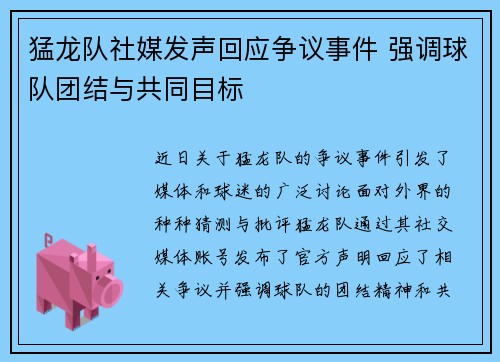猛龙队社媒发声回应争议事件 强调球队团结与共同目标 猛龙队社媒发声回应争议事件 强调球队团结与共同目标