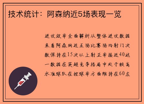 技术统计：阿森纳近5场表现一览