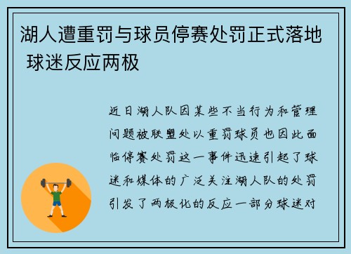 湖人遭重罚与球员停赛处罚正式落地 球迷反应两极